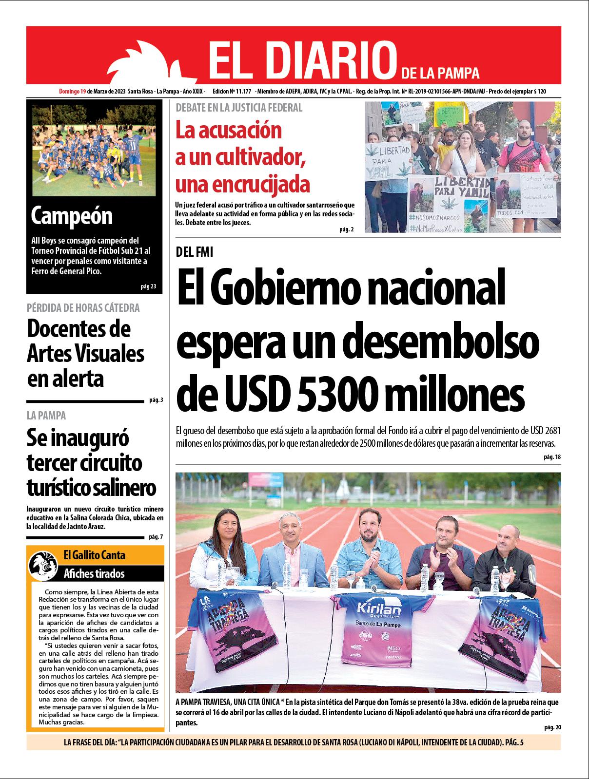 Tapa de El Diario en papel  domingo 19 de marzo de 2023